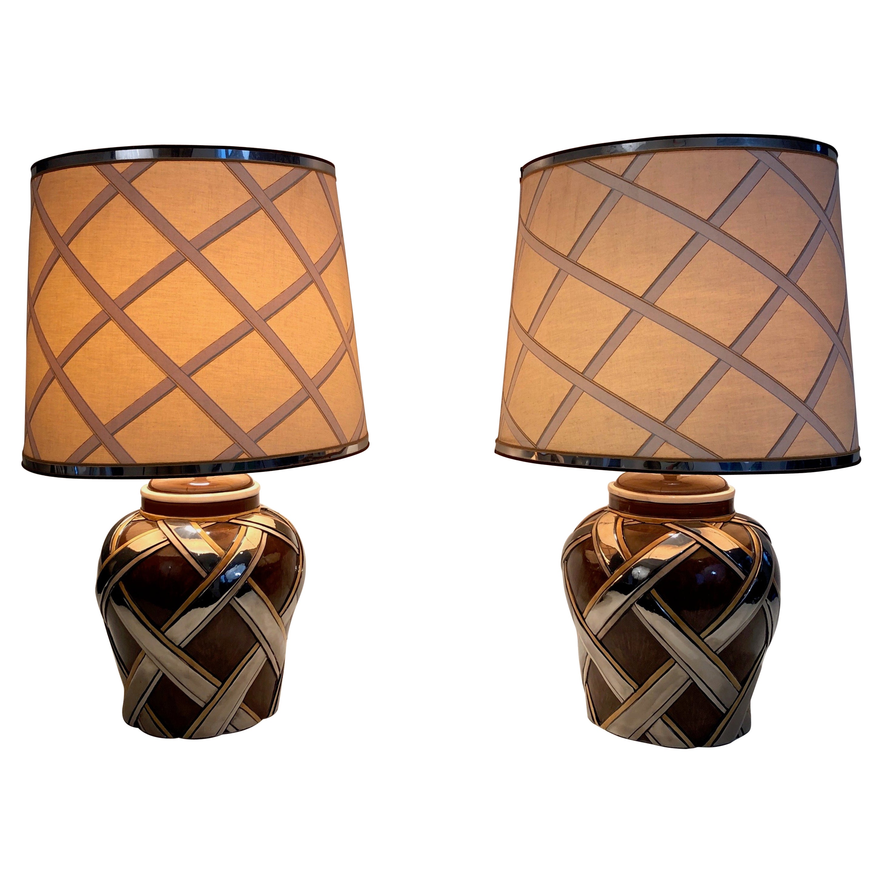 Important Pair of Ceramic Lamps with Ribbons Decor, French, Circa 1970