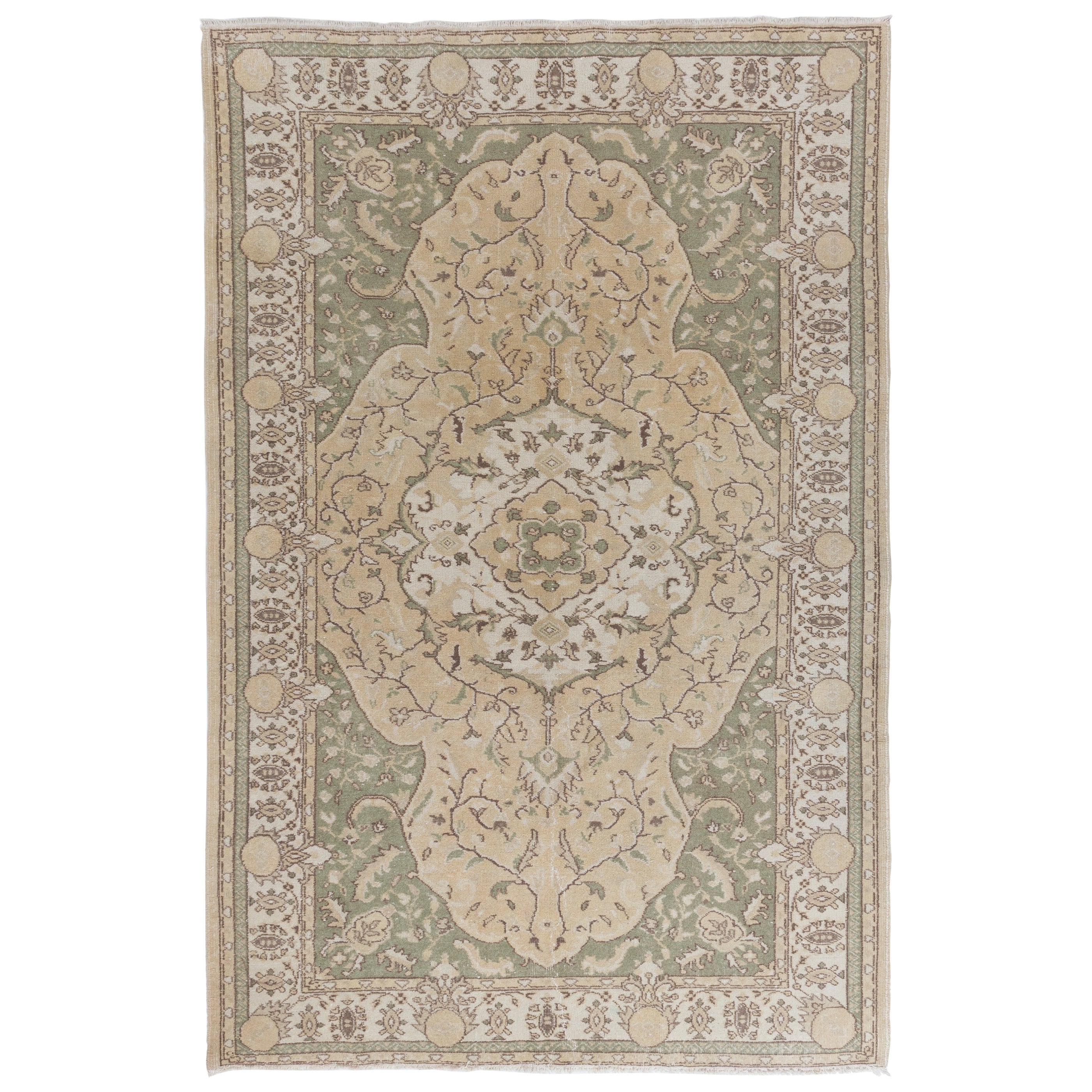 6.4x10 Ft Vintage Hand-Knotted Oushak Area Rug in Beige & Green For Sale
