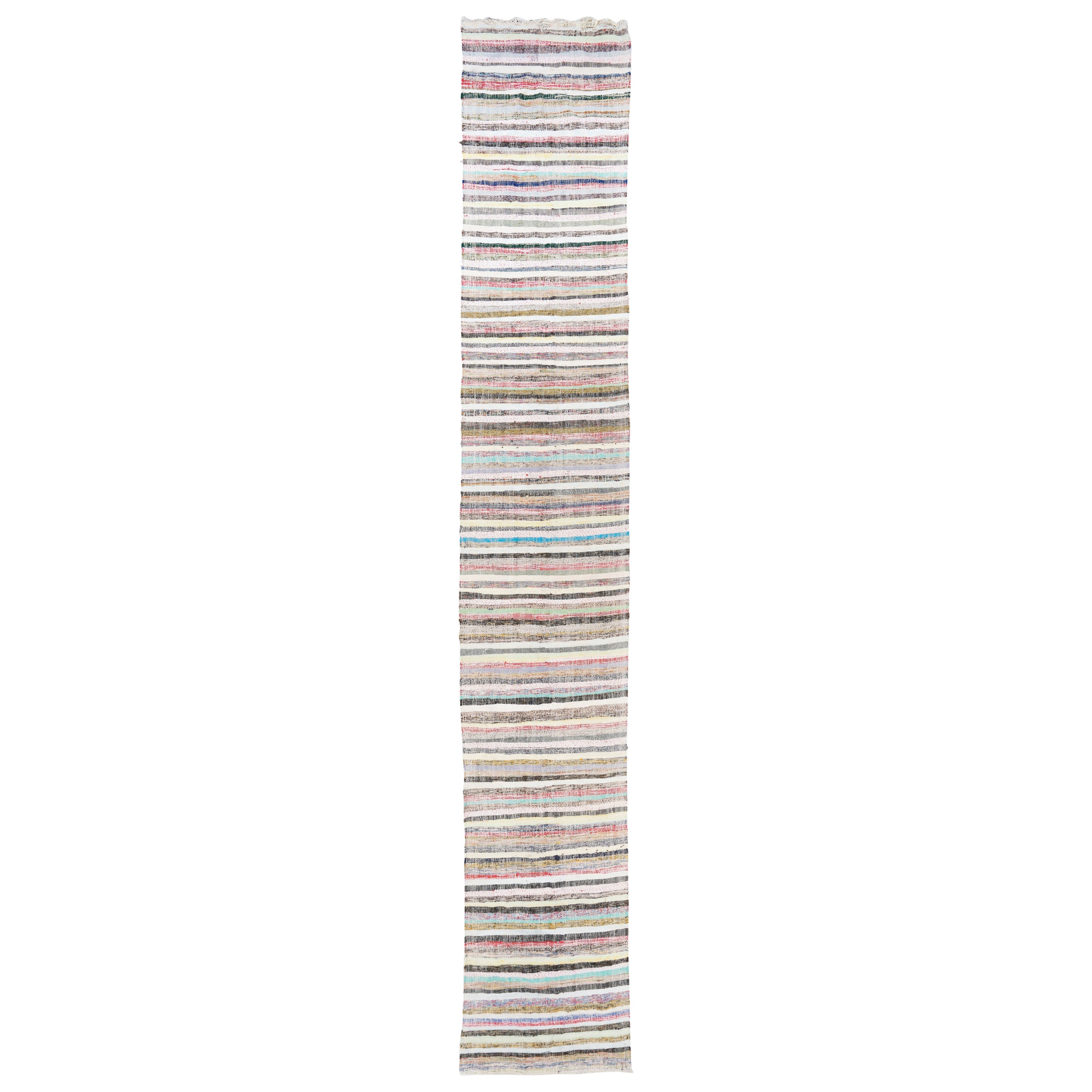 3.2x19 Ft Long Striped Kilim Runner 'Flat Weave', Adjustable Cotton Rag Rug For Sale