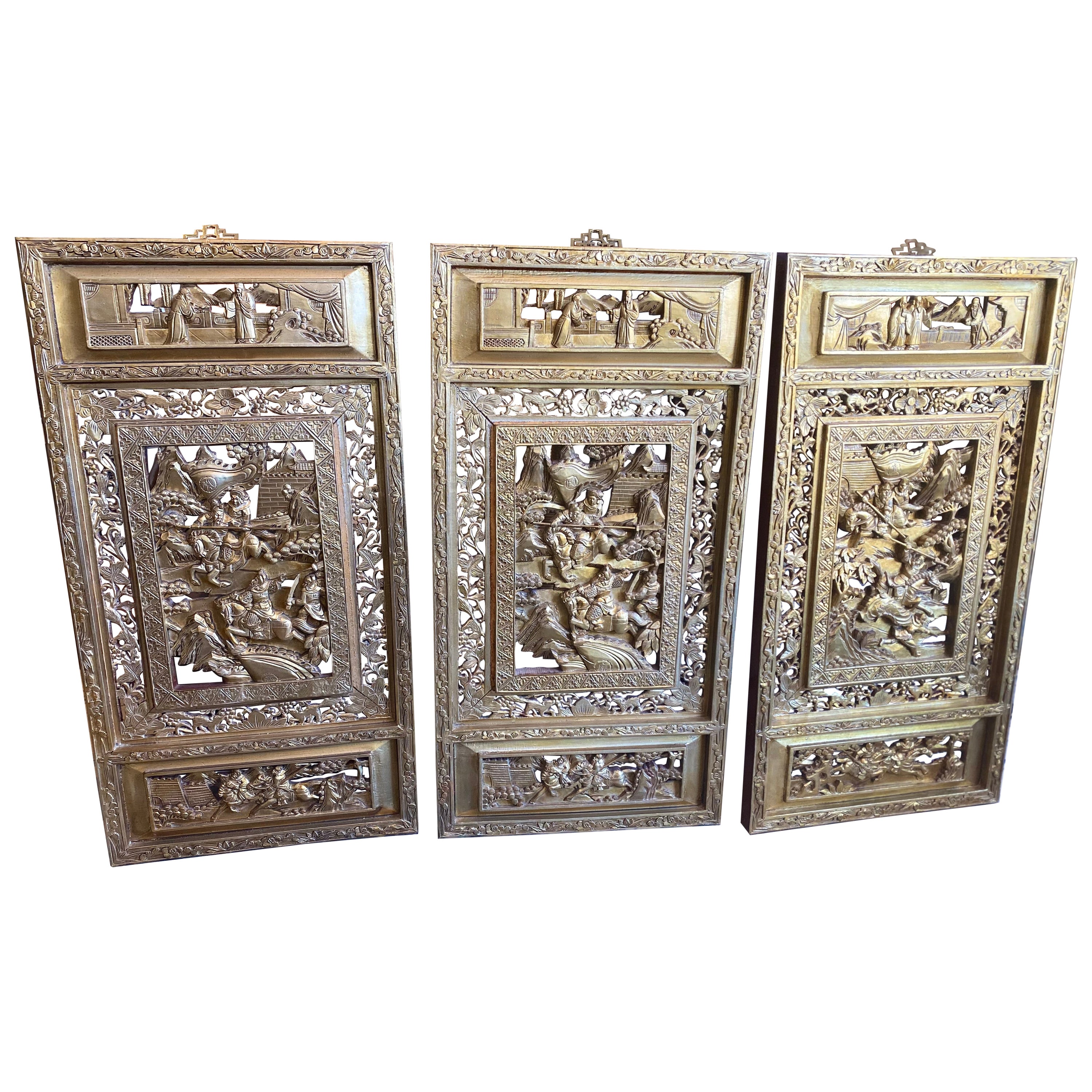 Set of Three '3' Chinese Gold Leafed Hand Carved Plaques / Screens For Sale