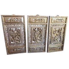 Set of Three '3' Chinese Gold Leafed Hand Carved Plaques / Screens