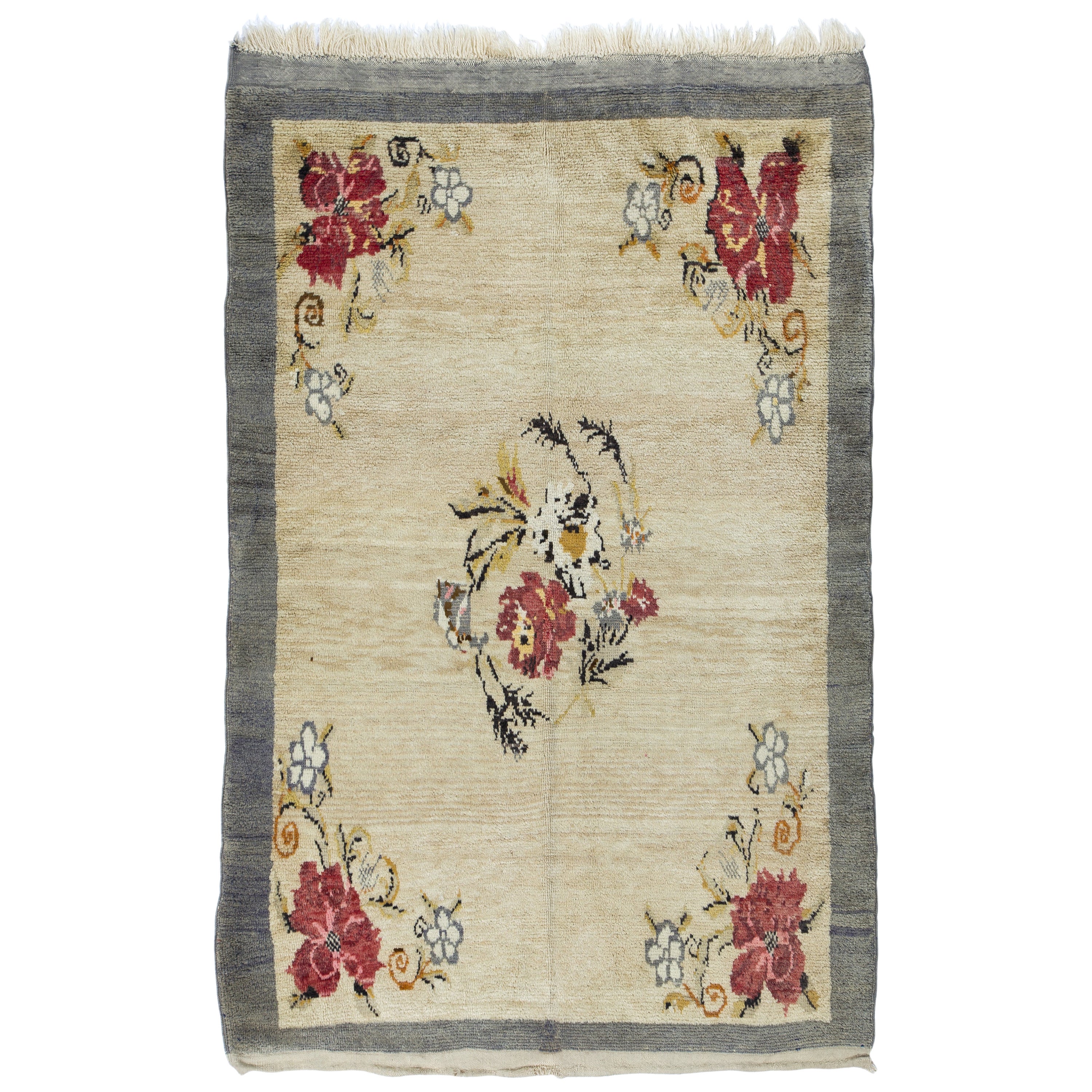 4.7x7.3 Ft Fine Hand-Knotted Vintage Floral Rug From Konya, 100% Wool For Sale