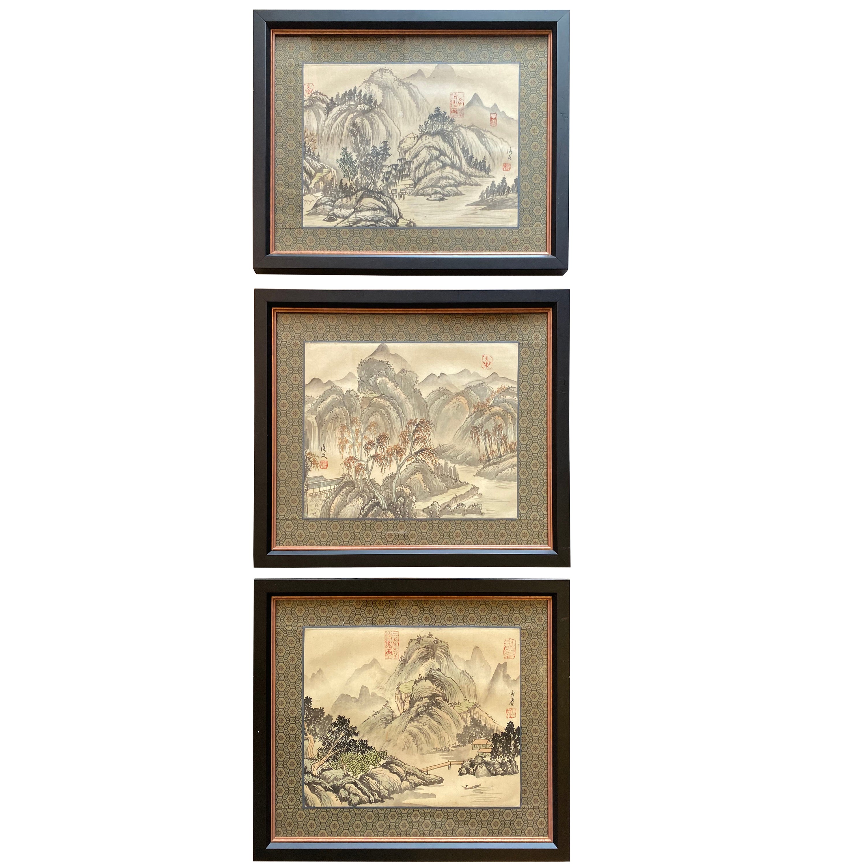 Set of Three '3' Framed Japanese Watercolors For Sale