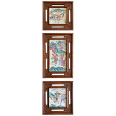 Set of Three '3' Porcelain Paintings of Warriors Framed in Rosewood