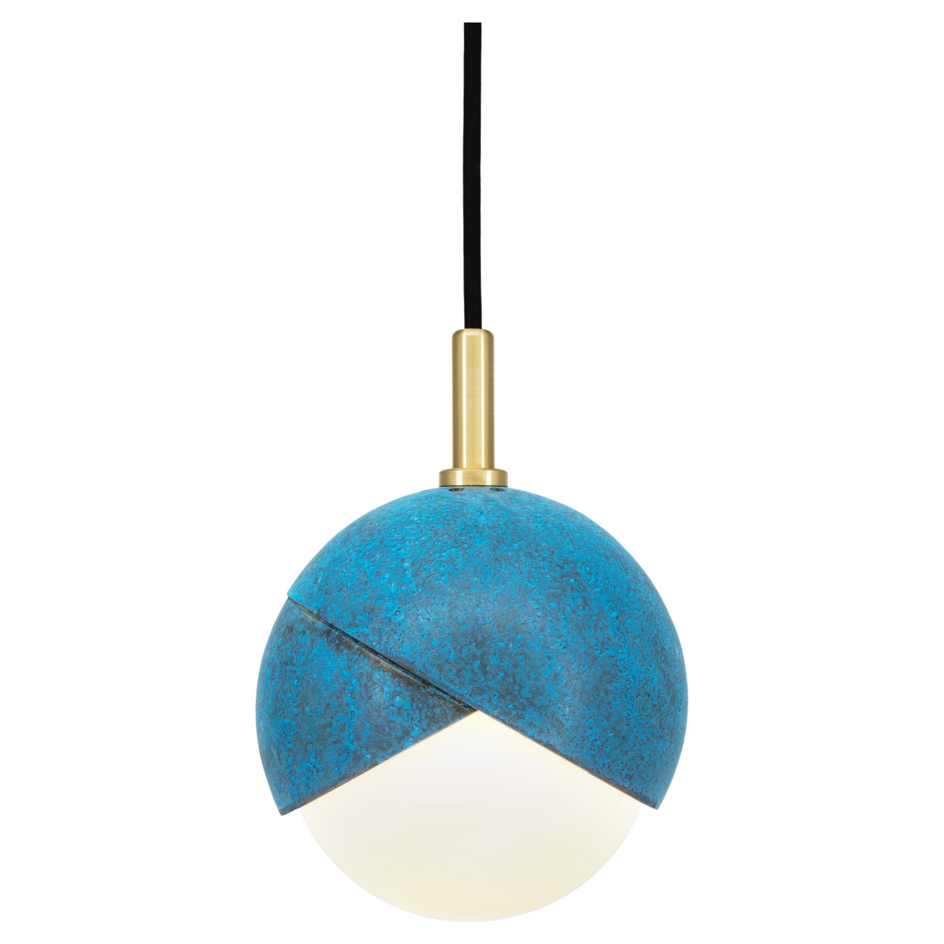 Benedict Pendant Light, Prussian Blue, Satin Brass Details, 9in diameter  For Sale