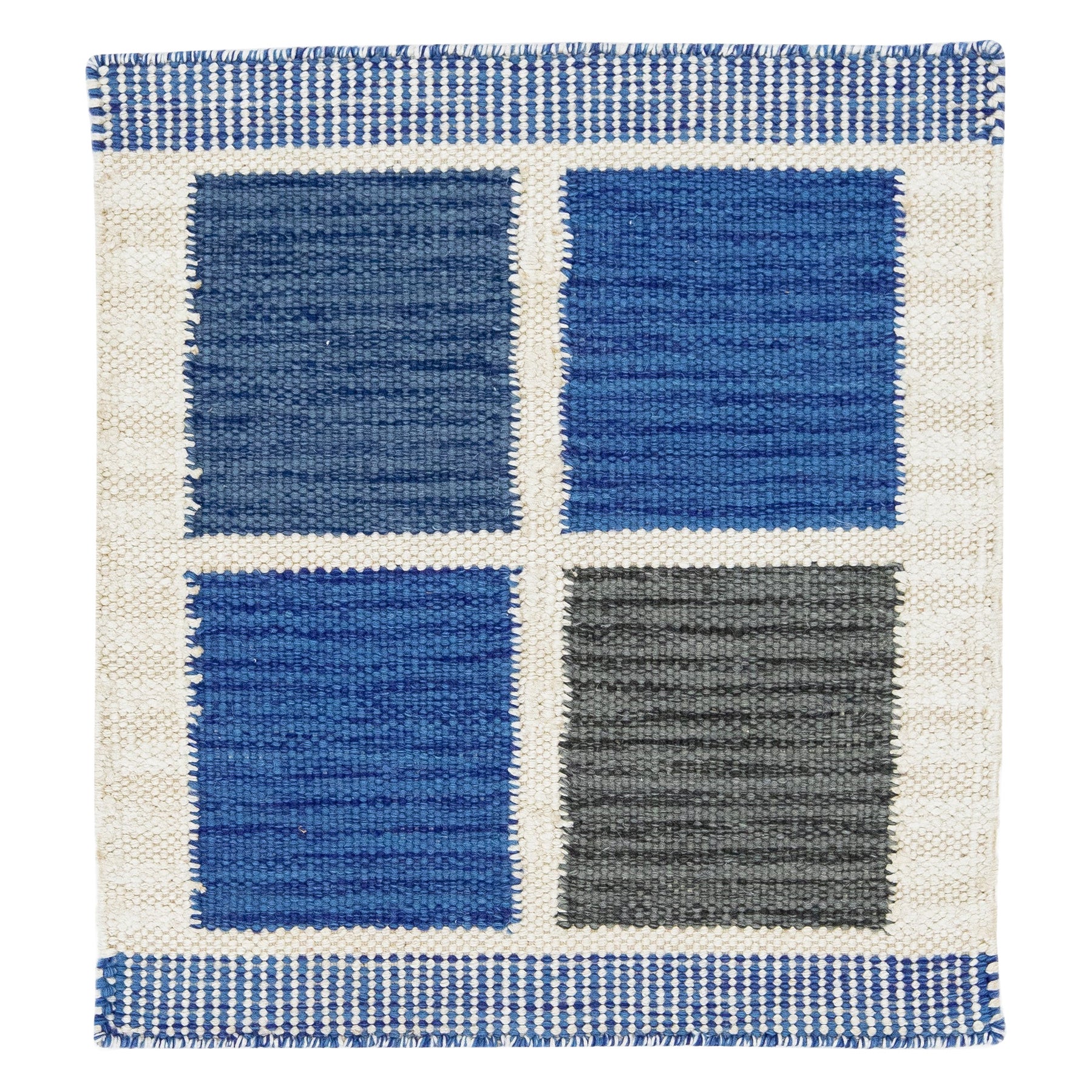 Modern Swedish Style Handwoven Blue Geometric Custom Wool Rug For Sale