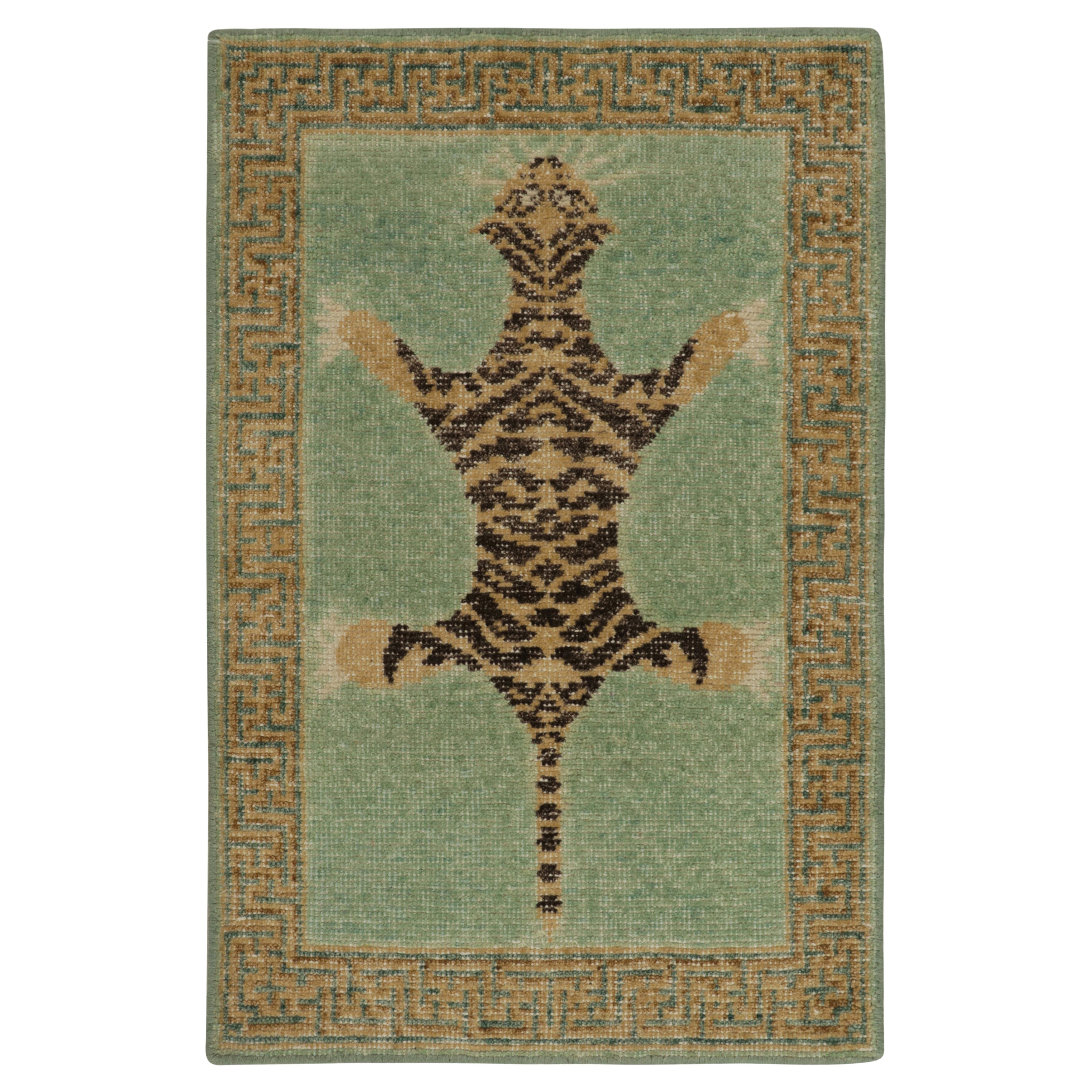 Rug & Kilim’s Distressed Tiger Skin Style Rug in Green, Beige & Black Pictorial