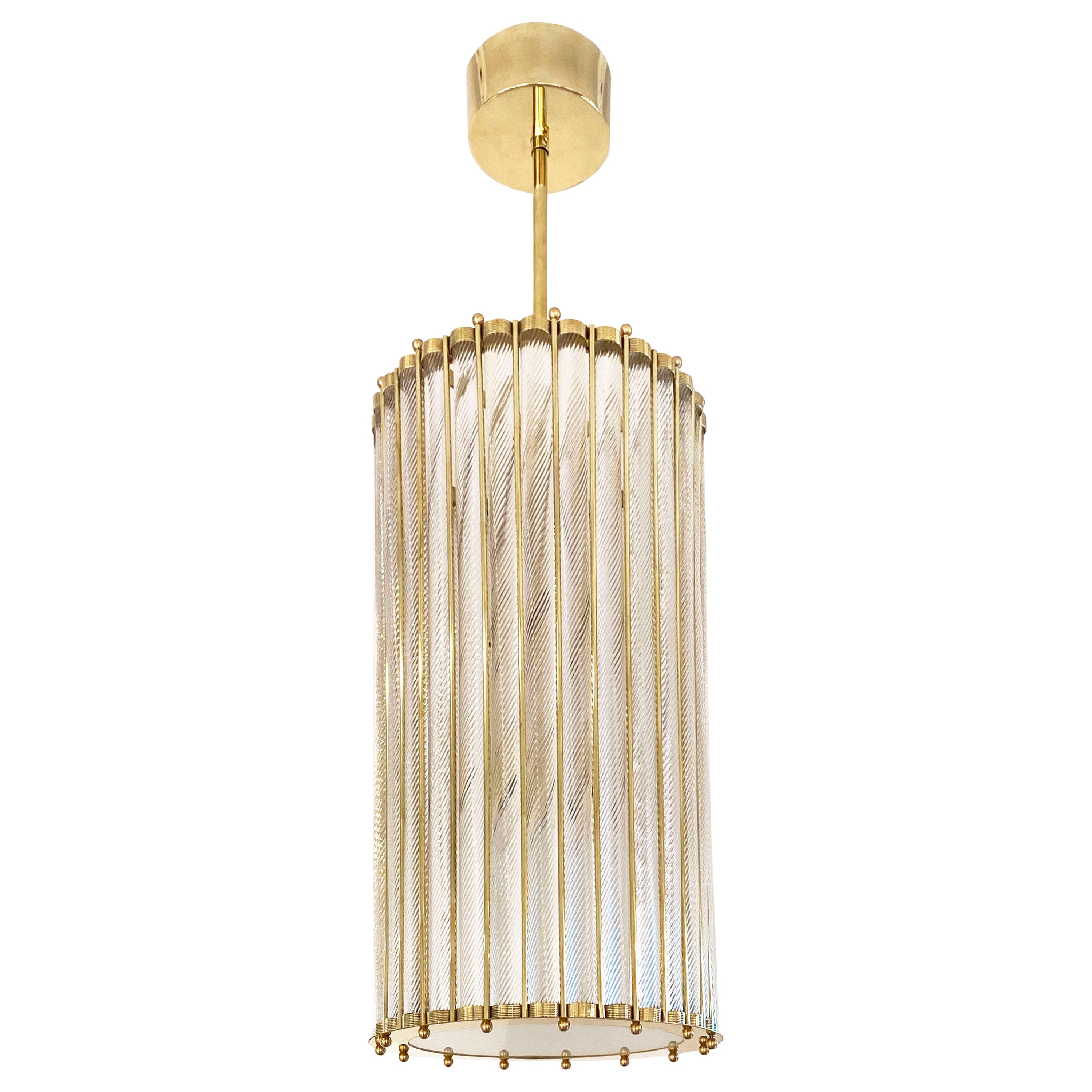 Italian Tall Crystal Twisted Murano Glass Brass Lantern Pendant / Chandelier