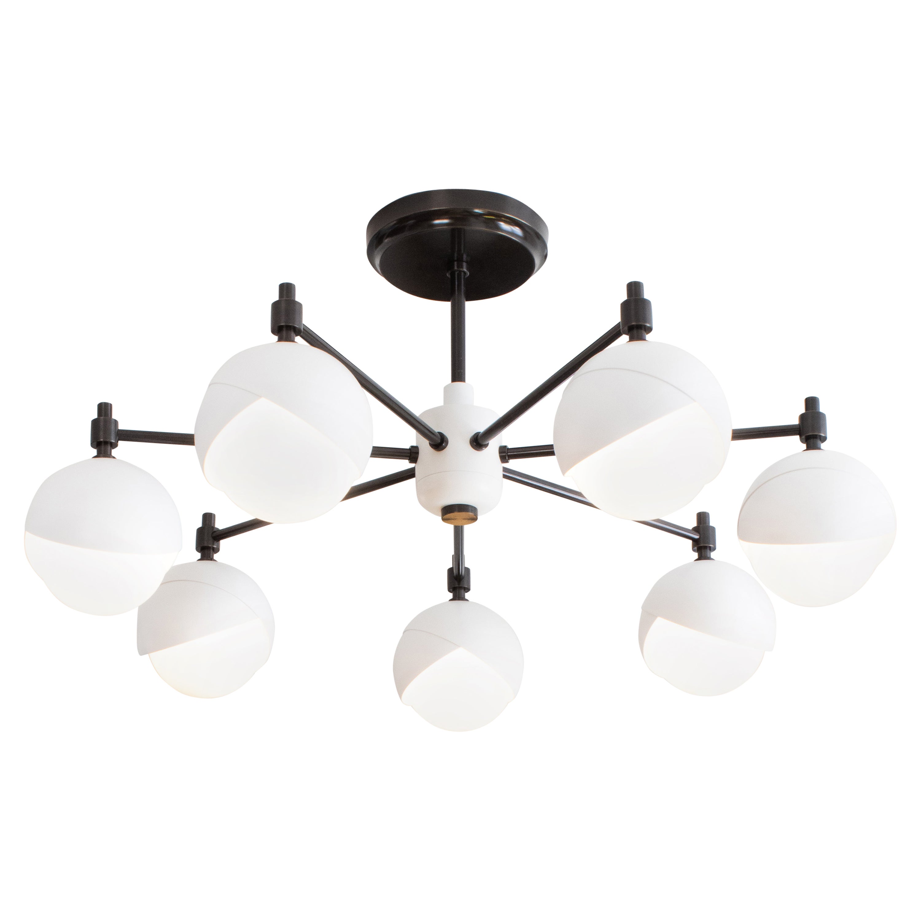 Benedict Seven Light Chandelier in Matte White Powder Coat and Blackened Brass For Sale