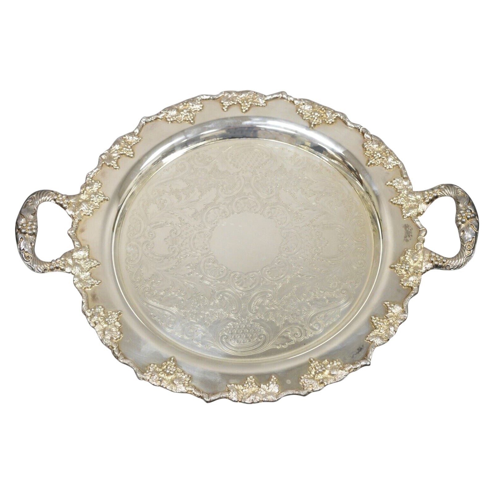 Vintage Crescent Silver Plate Grape Vine Pattern Round Platter Tray For Sale