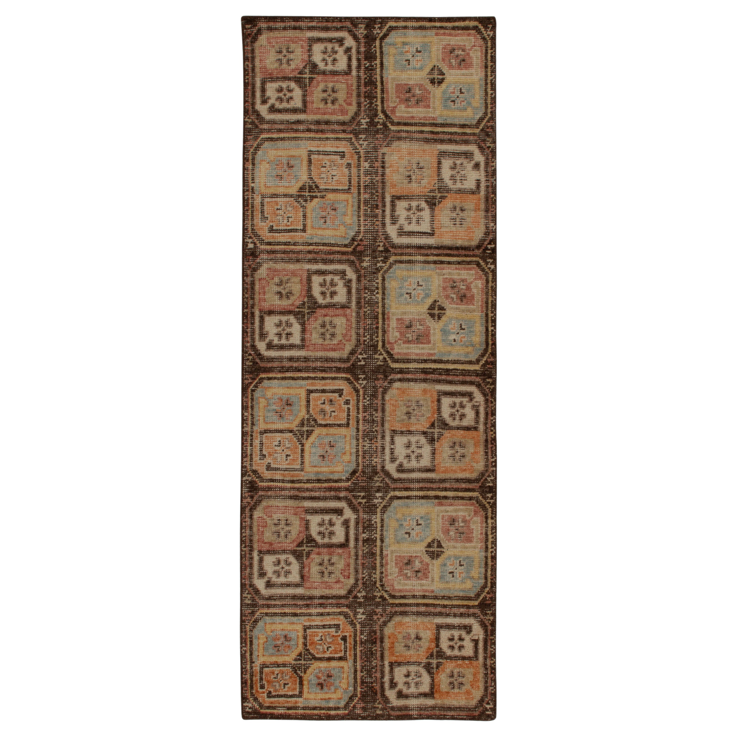 Rug & Kilim’s Distressed Tribal Style Runner in Beige-Brown & Colorful Emblems For Sale