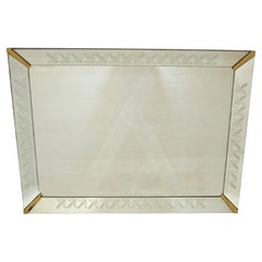 Retro 1940s Art Deco Venetian Style Etched Wall Mirror with Brass Finished Corners