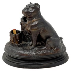 Ancien porte-cigare à chien figuratif en poterie émaillée au sel de la fin du 19ème siècle