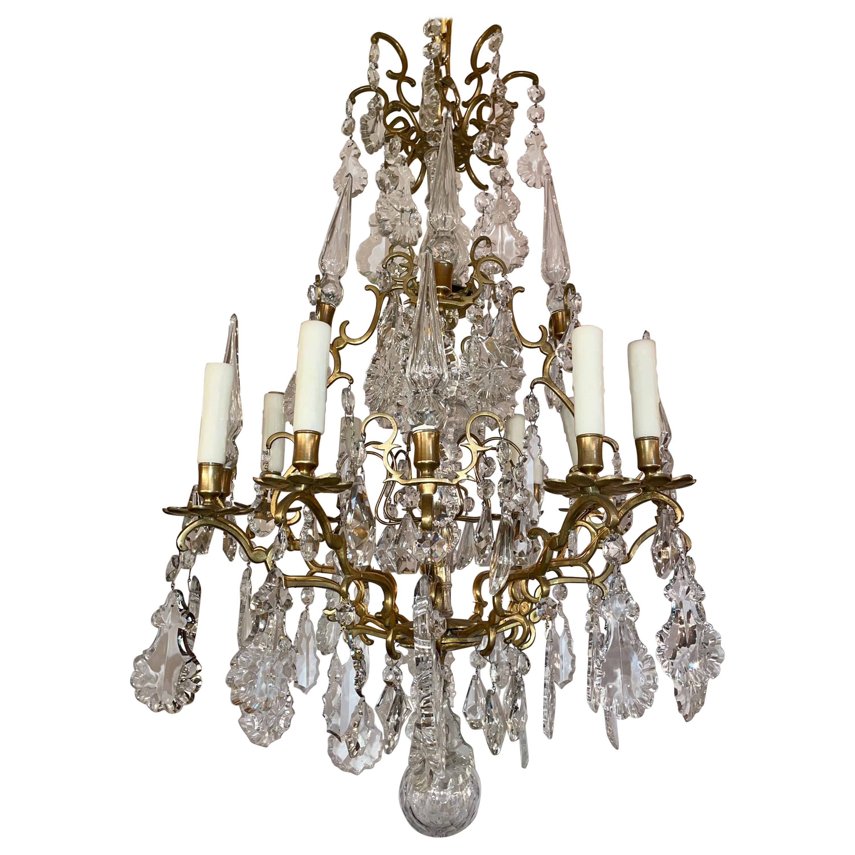 Antique French Crystal and Gold Bronze 8-Light Chandelier. For Sale