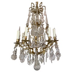 Antique French Crystal and Gold Bronze 8-Light Chandelier.