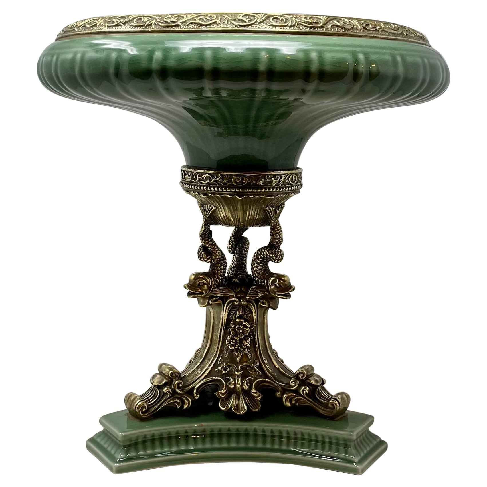 Estate French Neoclassical Gold Bronze Mounted Sage Green Porcelain Centerpiece. For Sale