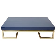 Vintage Blue Lacquer Brass Large Coffee Table Guy Lefevre Maison Jansen, 1970s