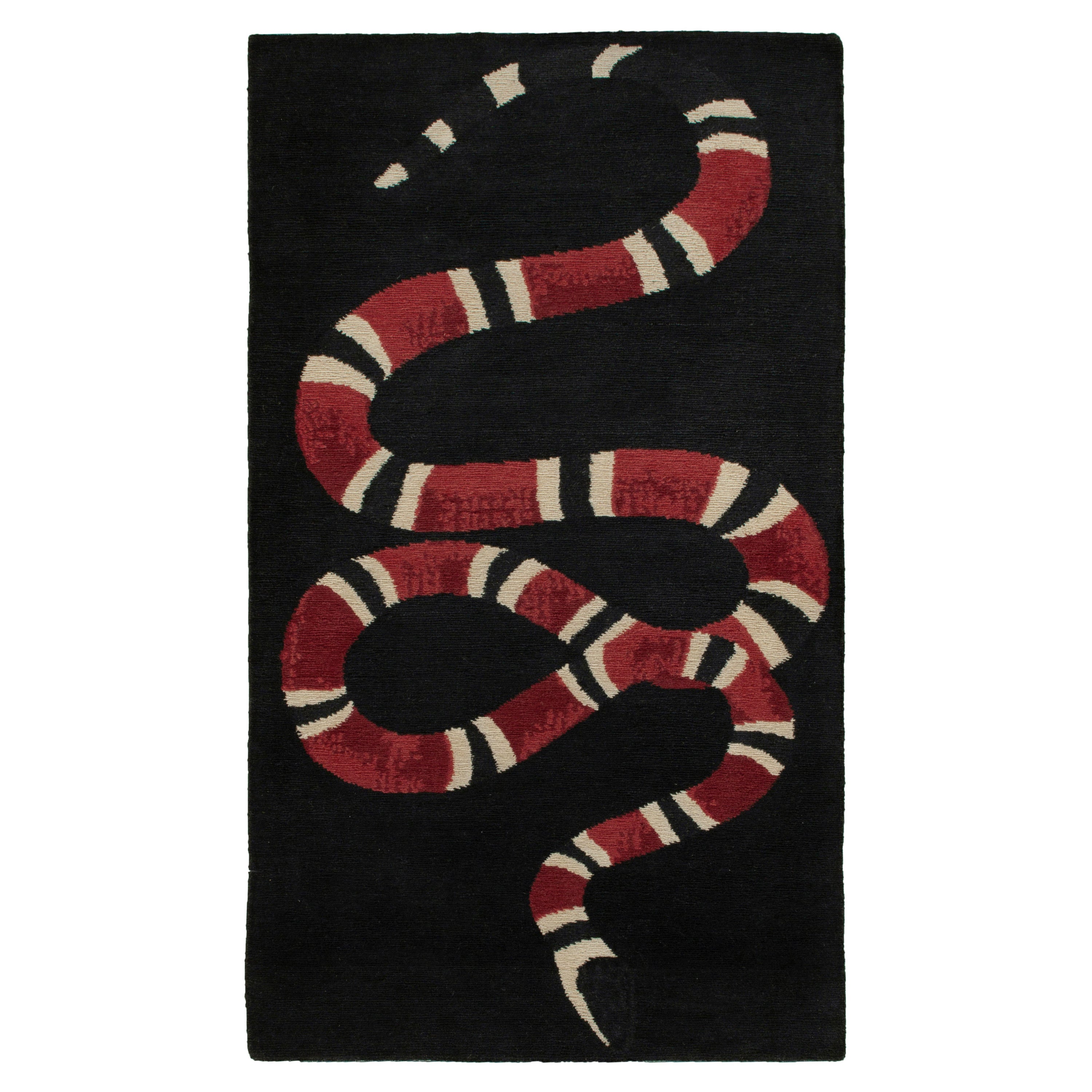 Rug & Kilim’s Modern Pictorial Rug in Black with Red & White Snake Design For Sale
