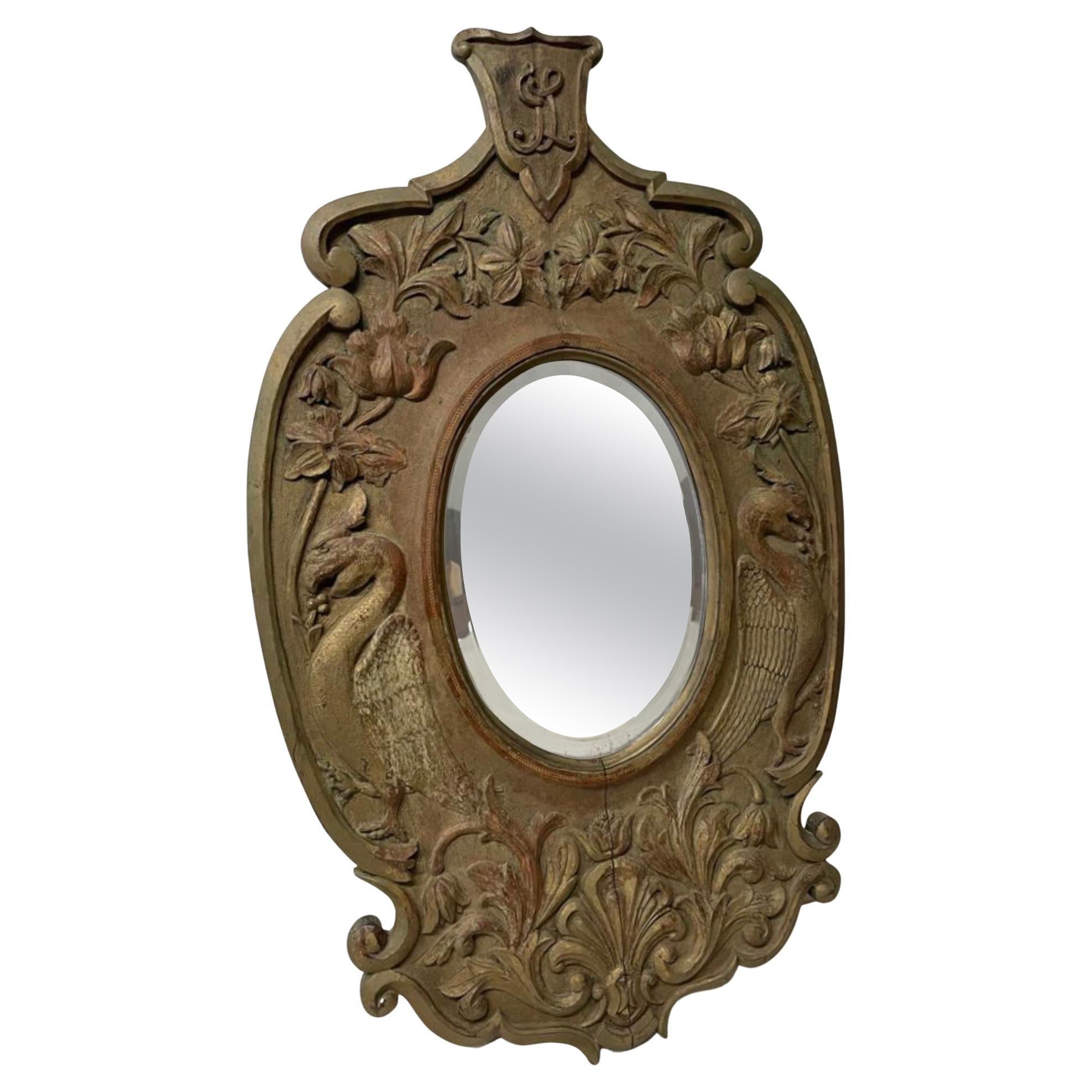 Early Antique French Carved Oval Mirror For Sale