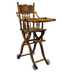 Antique Victorian Oak Wood Convertible Combination Baby High Chair Stroller