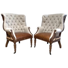 Linen and Leather Deconstructed Wing Back Chair with Caster Wheels