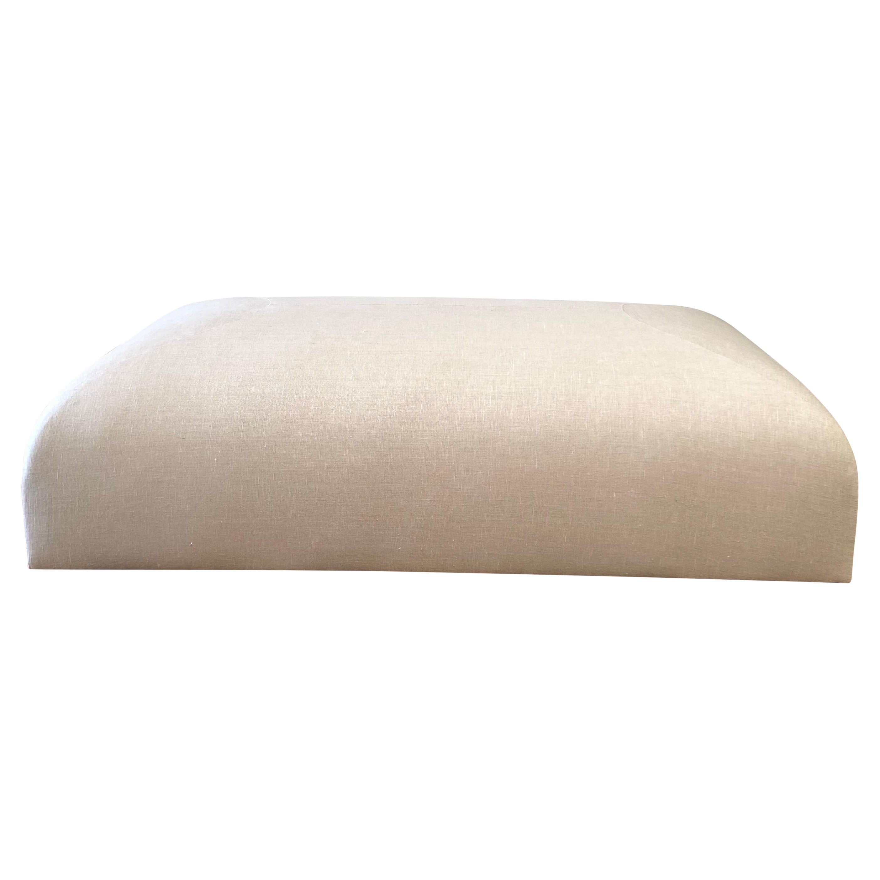 Custom Made Linen Ottoman with Rounded Corners For Sale