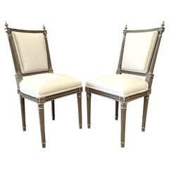 Pair of Antique Gray Painted and Linen Upholstered Louis XVI Side Chairs
