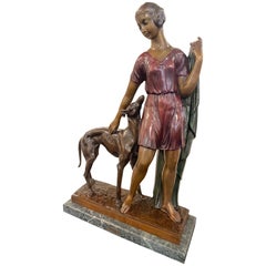 Grand Art Deco Bronze Sculpture of a Woman and Greyhound by Ignacio Gallo