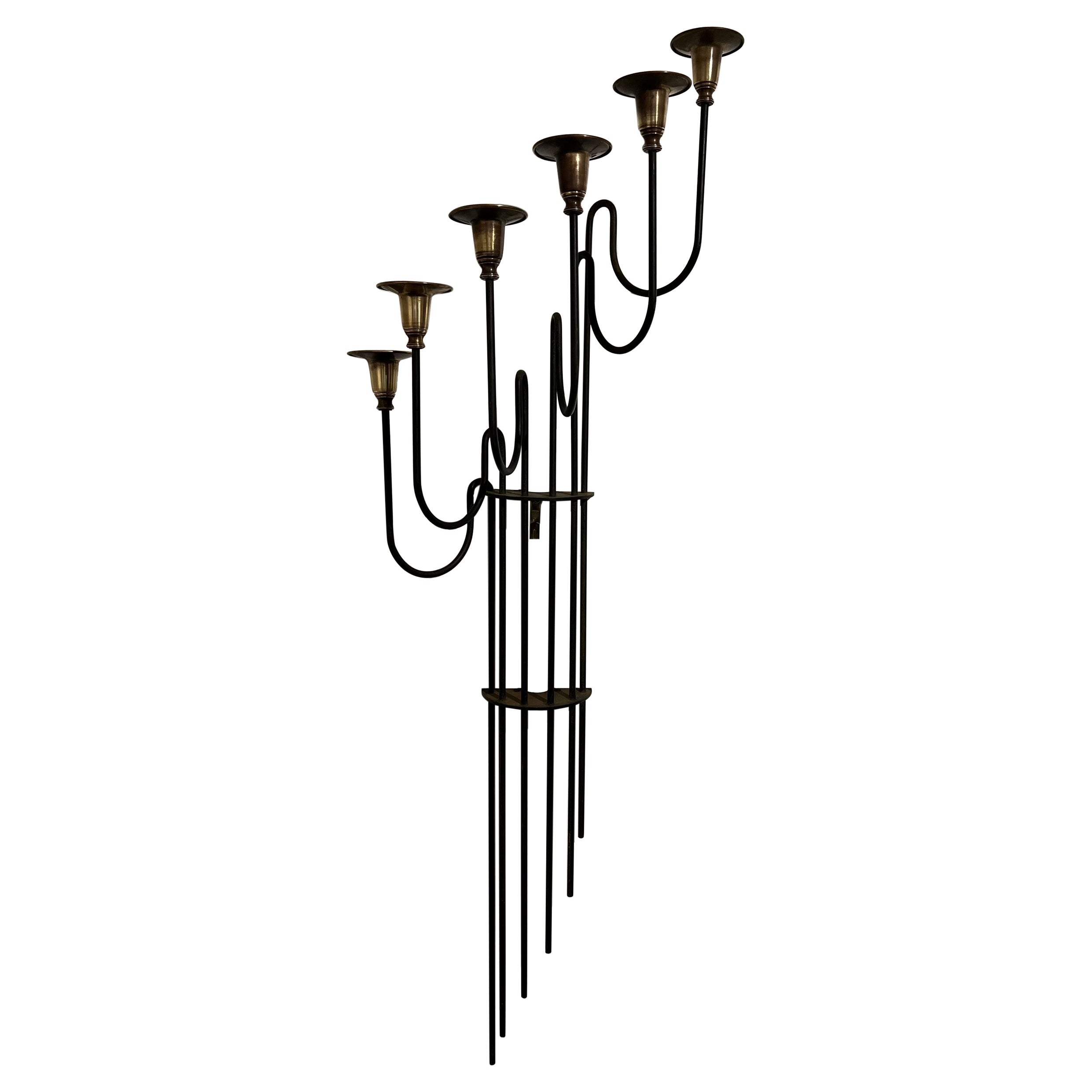 Danish Modern Swedish Tall Wall Brass & Iron Candle Sconce For Sale
