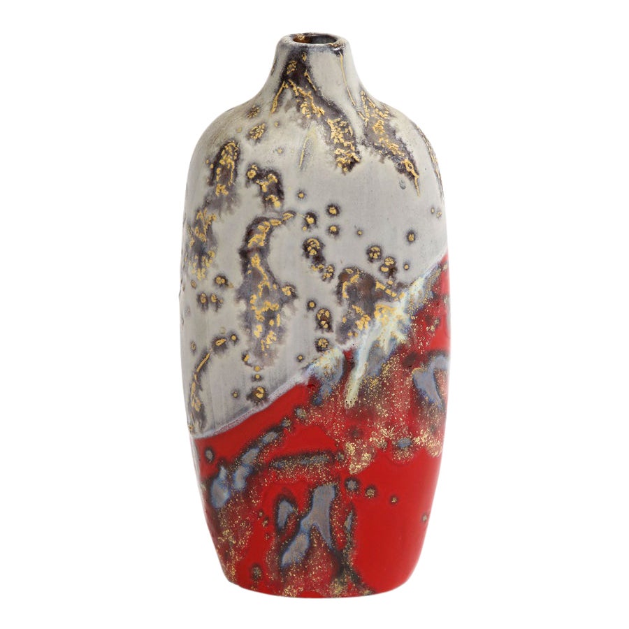 Marcello Fantoni Vase, Stoneware, Abstract, Red, Gold, Gray, Signed For Sale