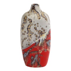 Marcello Fantoni Vase, Stoneware, Abstract, Red, Gold, Gray, Signed