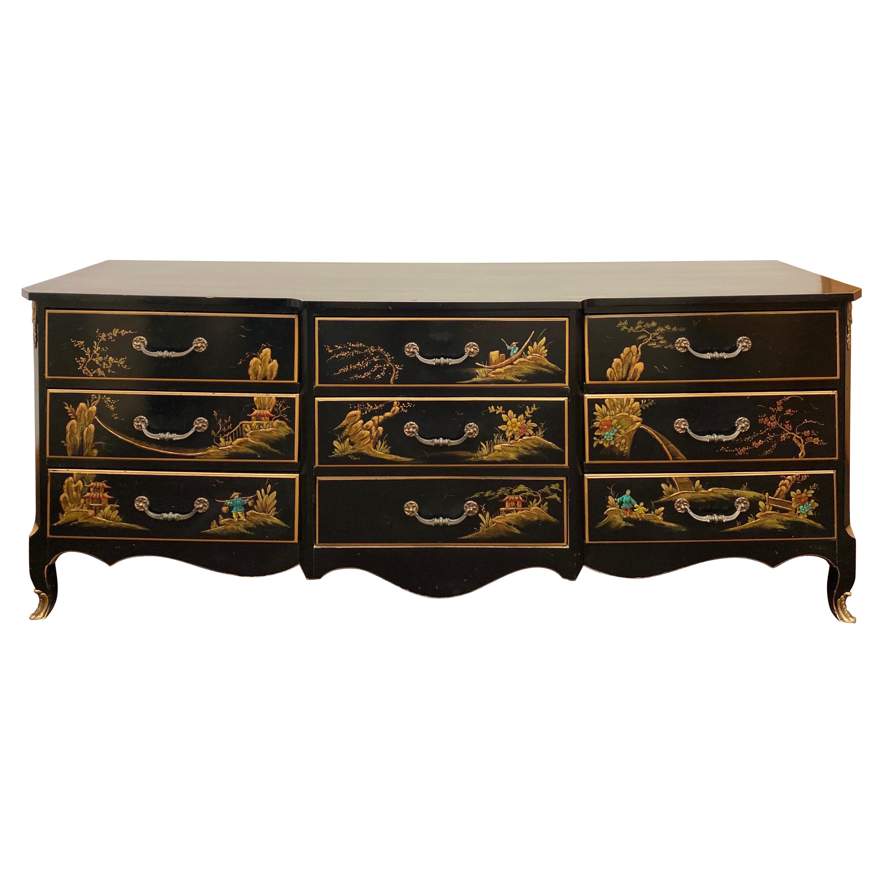 1950s French Louis XV Chinoiserie Style Black Lacquered Dresser