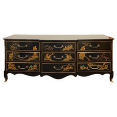 Vintage 1950s French Louis XV Chinoiserie Style Black Lacquered Dresser