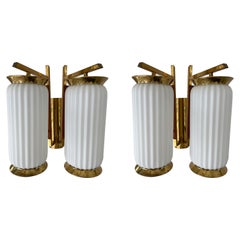 Mid-Century Modern Pair of Brass and Opaline Glass Barrel Sconces, Italy, 1950s