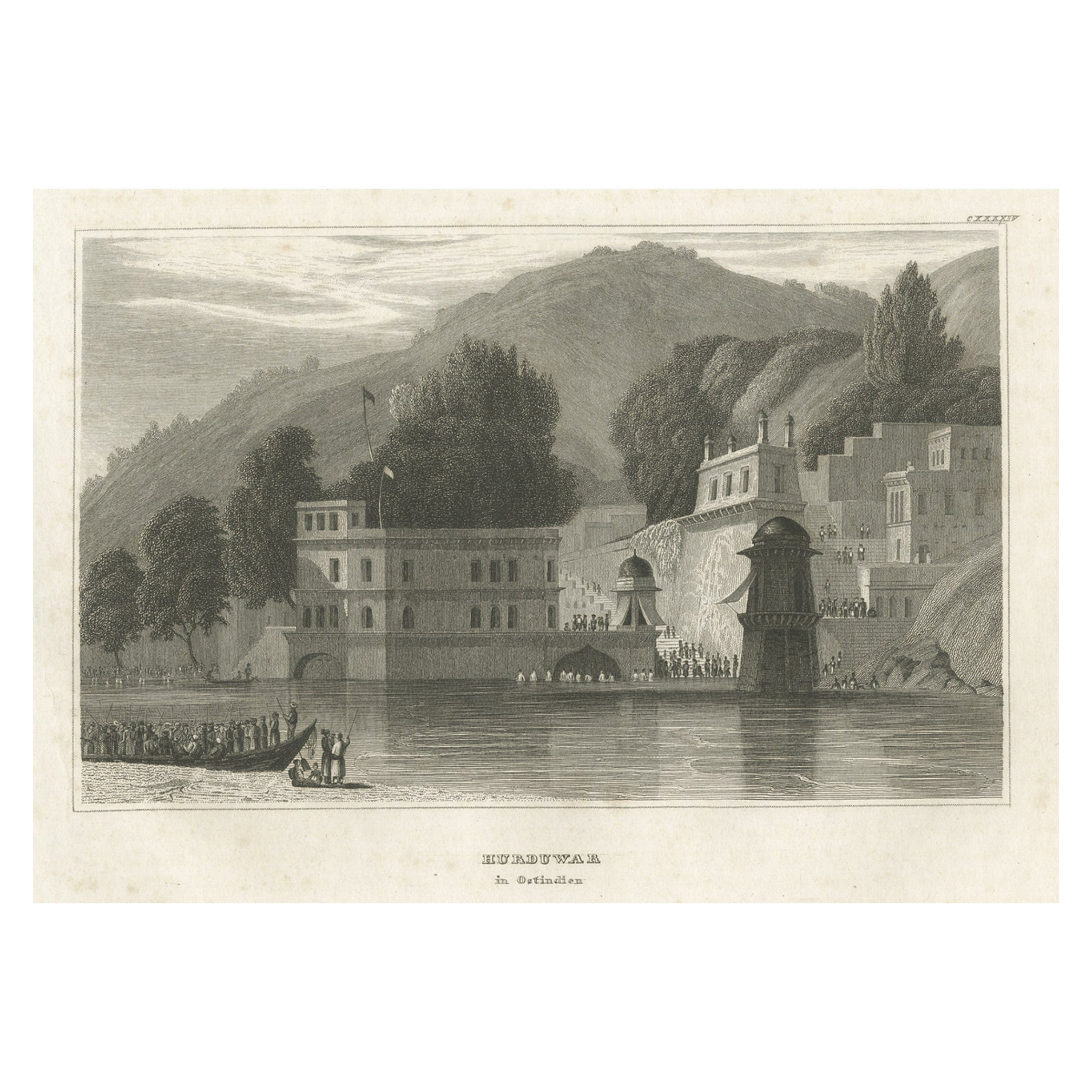Antiker Druck der Haridwar-Stadt in Uttarakhand, Indien, 1837