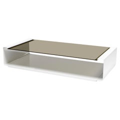 21st Century White Lacquered Curved Metal and Bronze Smoked Glass Low Table