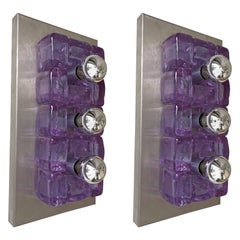 Pair of Glass Cube and Stainless Steel Sconces by Poliarte, Italy, 1970s