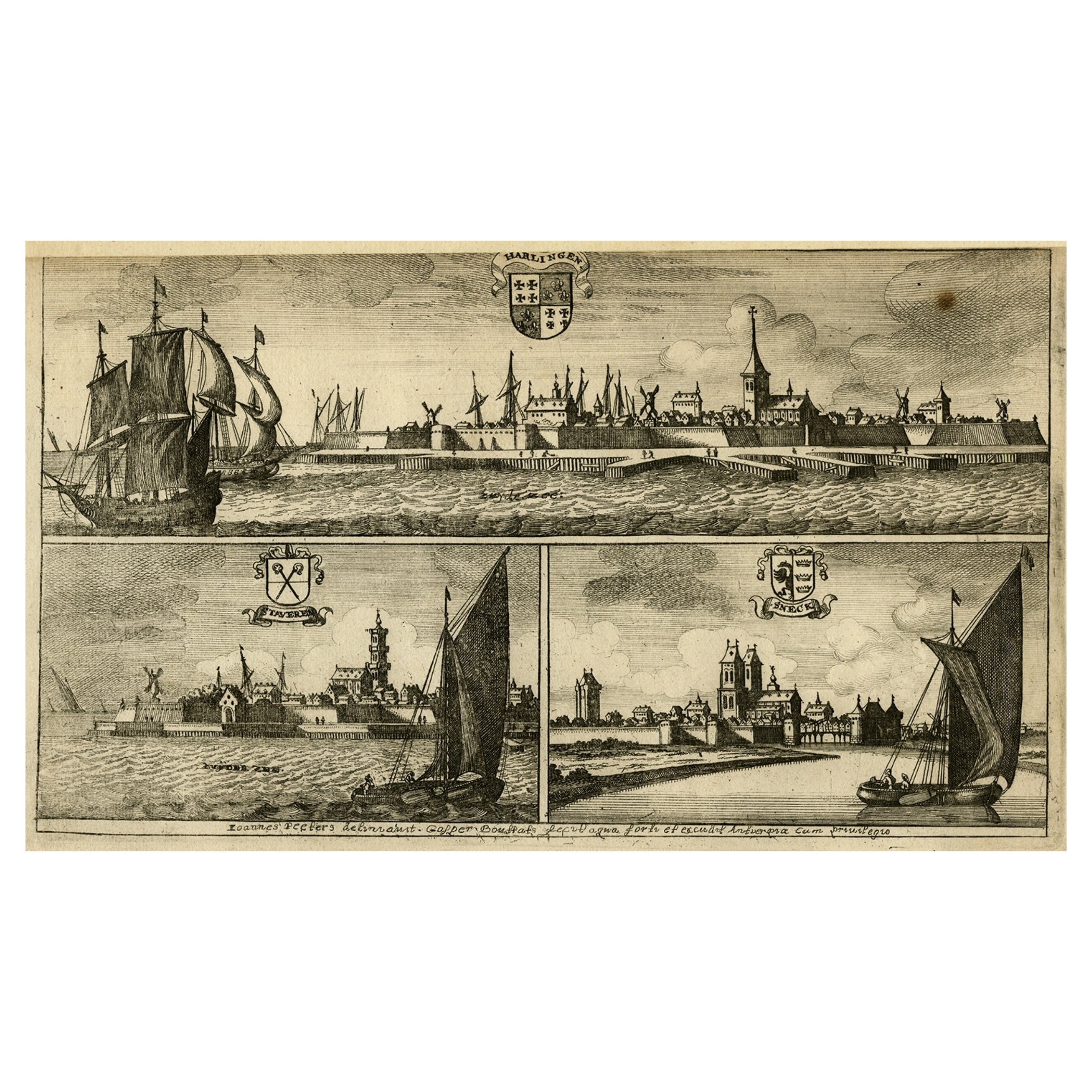 Antique Print of Harlingen, Stavoren and Sneek in Friesland, 1680