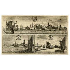 Impression ancienne de Harlingen, Stavoren et Sneek dans le Friesland, 1680