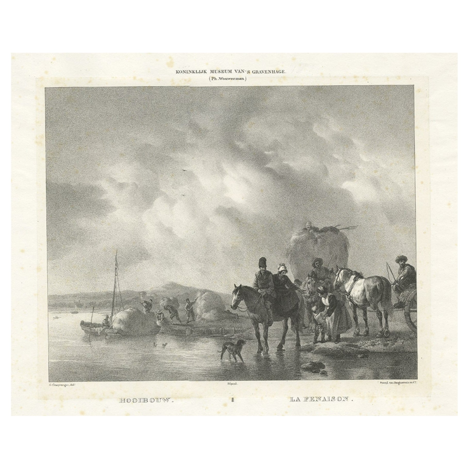 Antique Print of Haymaking Made After Wouwerman, C.1828 For Sale
