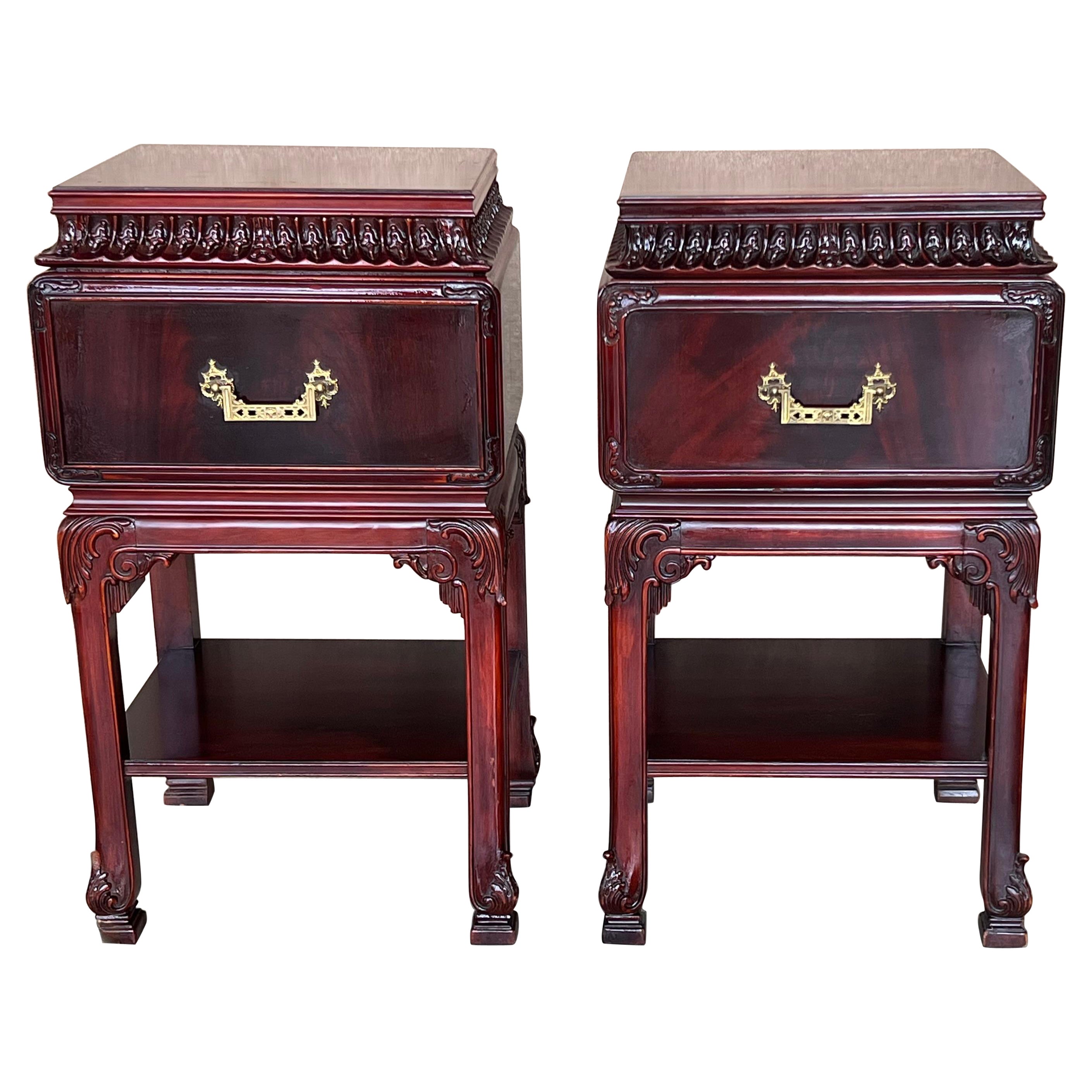 Henredon Style Chinese Chippendale Carved Mahogany Box Side Tables, a Pair