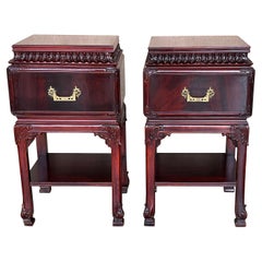 Henredon Style Chinese Chippendale Carved Mahogany Box Side Tables, a Pair