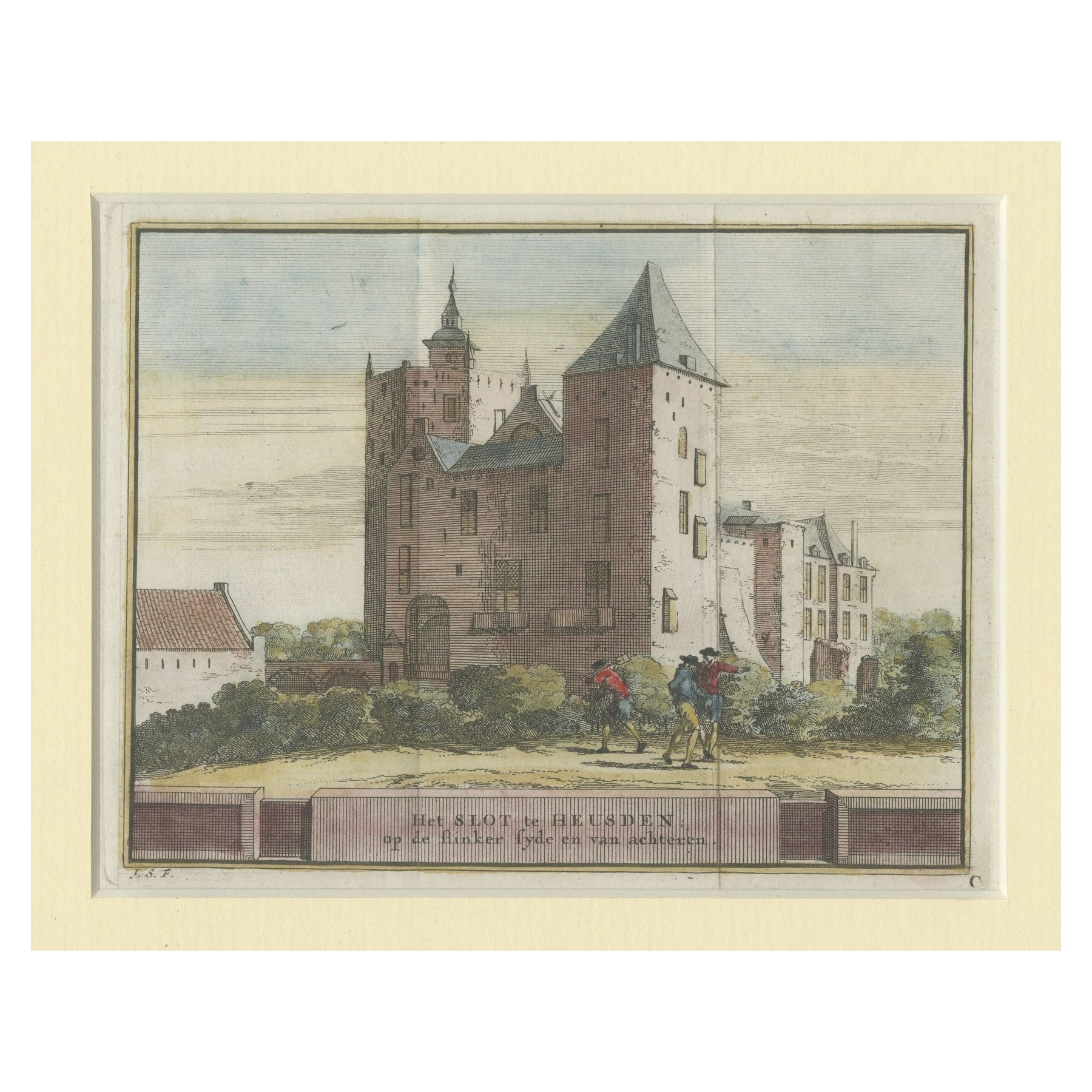 Stampa antica colorata a mano di Heusden, castello dei Paesi Bassi, 1730 circa