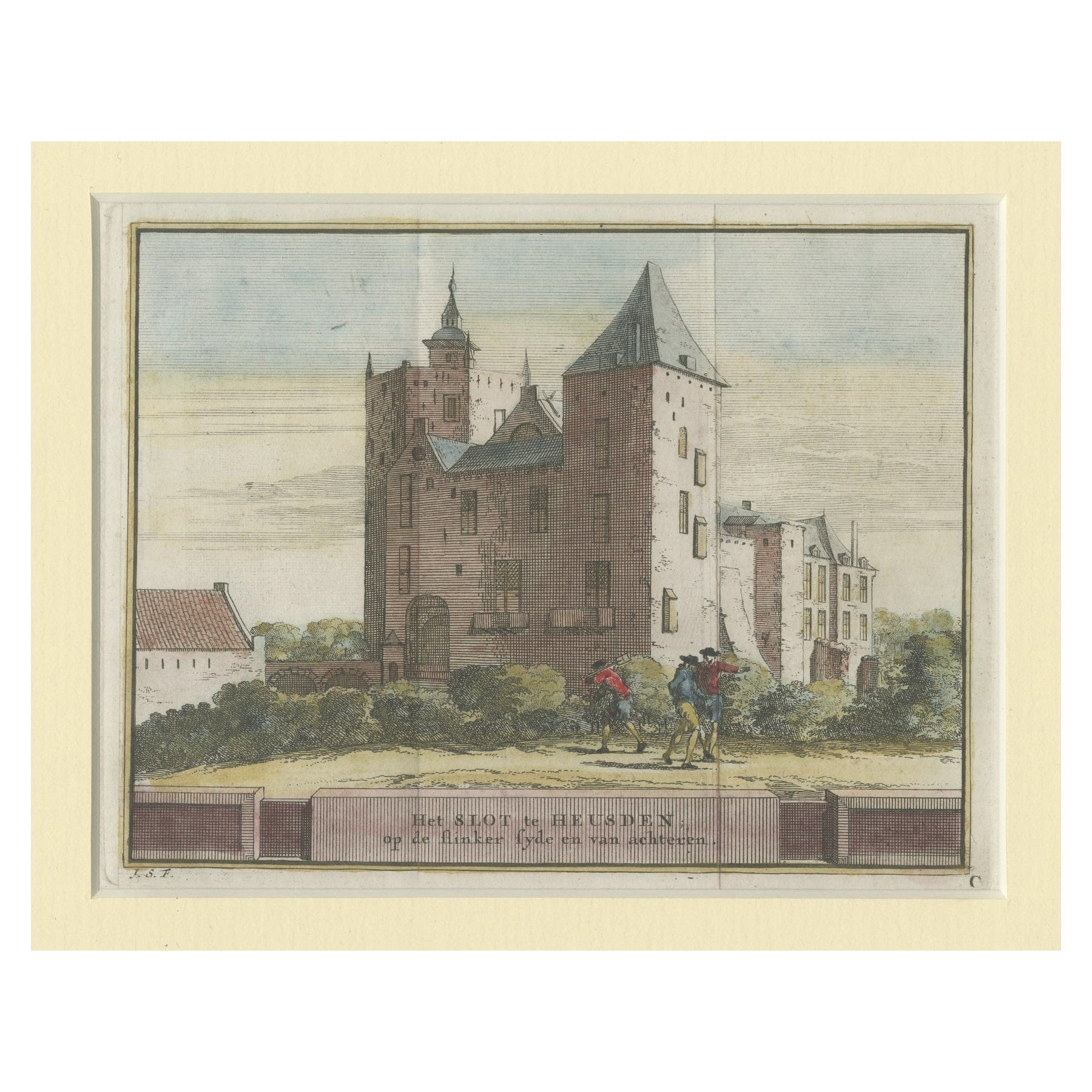 Antique Handcolored Print of Heusden, Castle in the Netherlands, circa 1730 For Sale