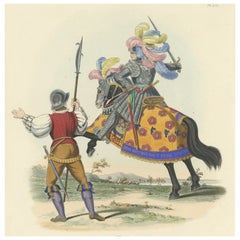Antique Print of King Henry, Knight on a Horse, and a Billman, 1842