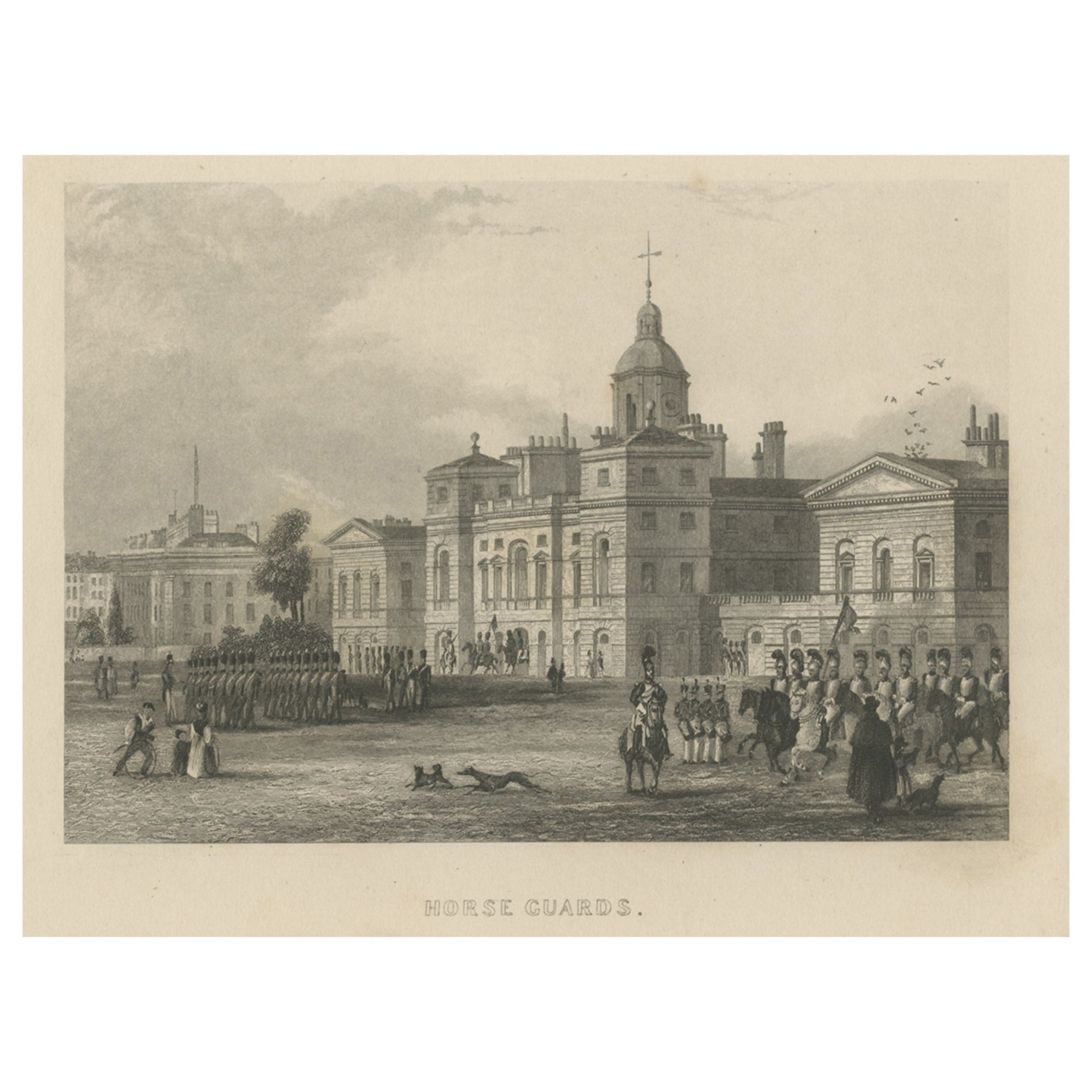 Antique Print of Horse Guards, Westminster, London, c.1840 For Sale