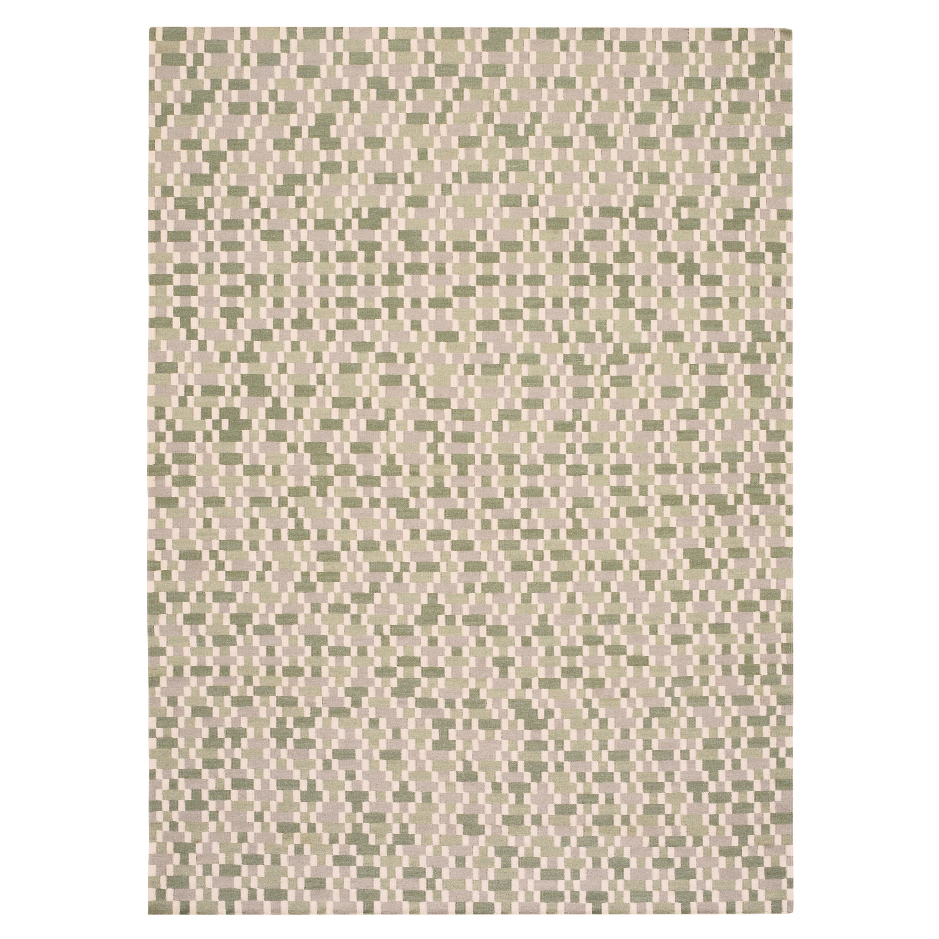 Tempo Cinque - Green - Design Summer Kilim Rug Wool Cotton Carpet Handwoven Flat