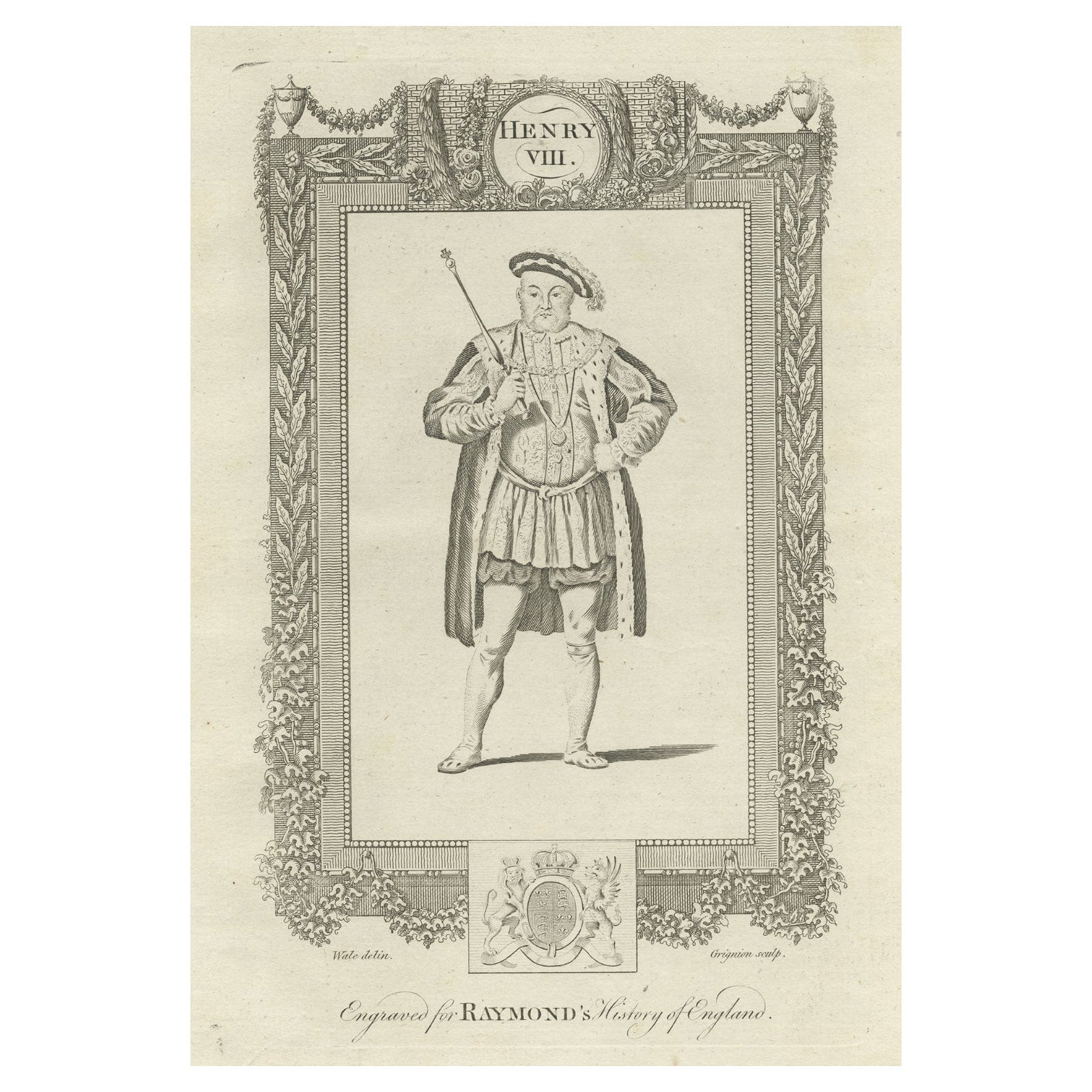 Incisione antica originale di Re Enrico VIII, 1787 ca.