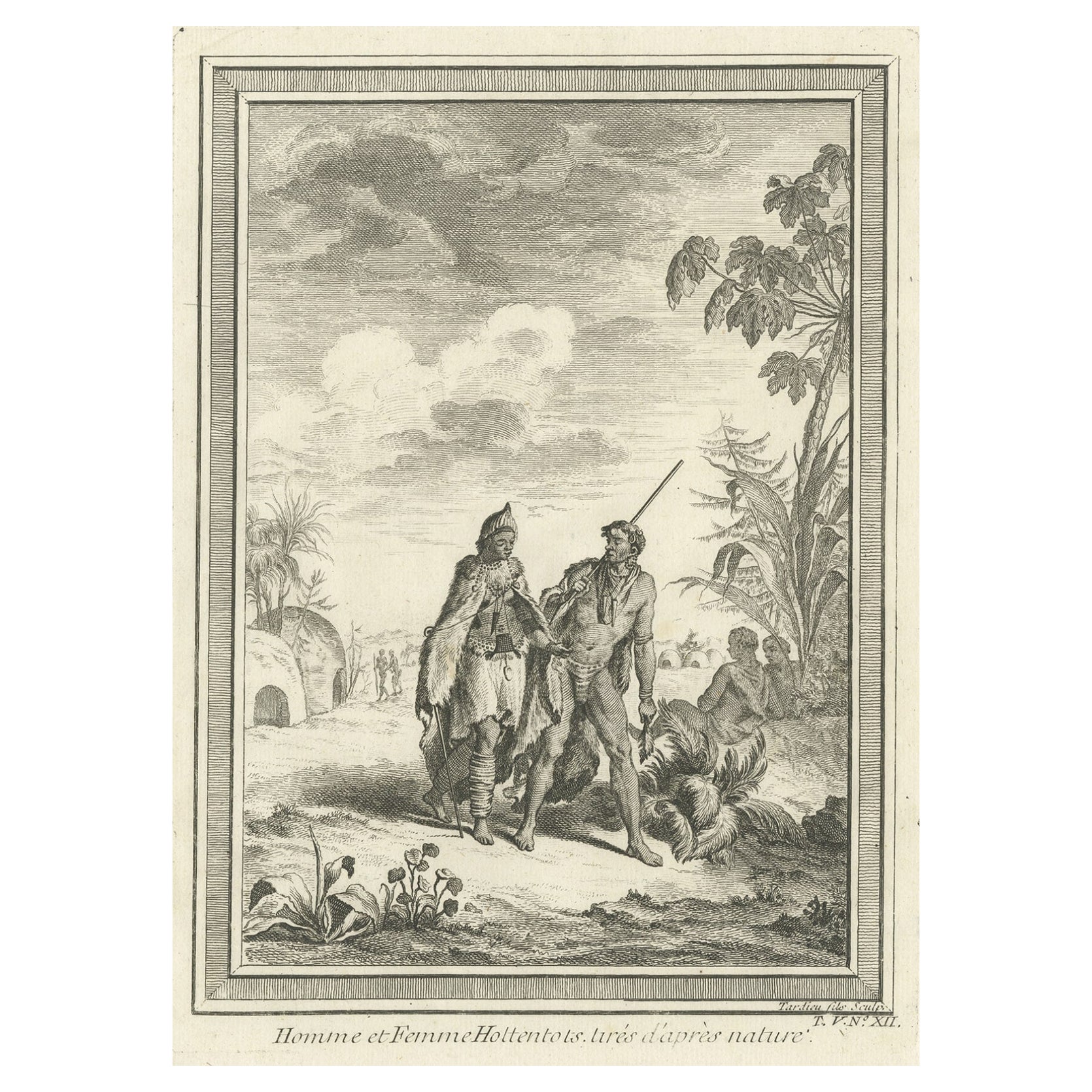 Antique Print of Hottentots in South Africa, C.1750 For Sale