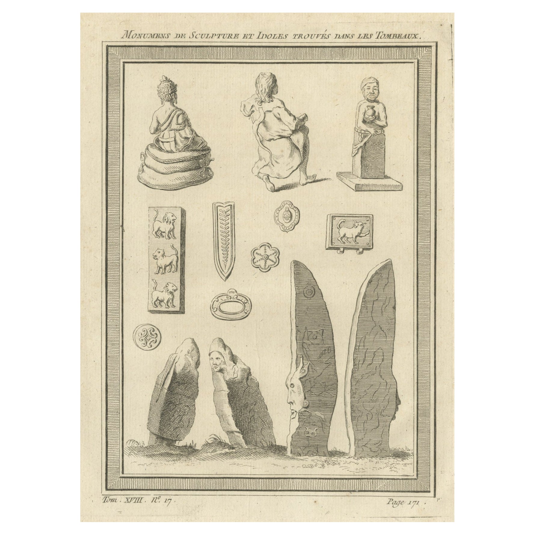 Impression ancienne de sculptures et de diadèmes de Krasnoyarsk de Russie, 1768 en vente